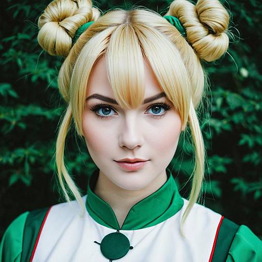Anime-Inspired Woman with Blonde Space Buns and Green Costume
