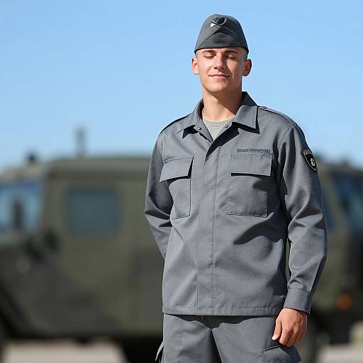 Young Man in Gray Military Uniform Standing Outdoors with Vehicle