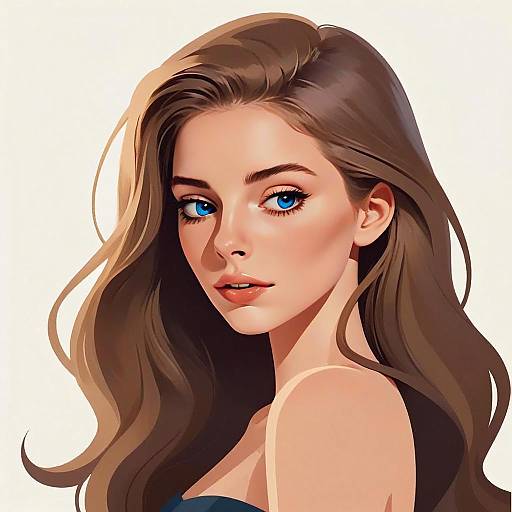 Digital Portrait of Young Woman with Blue Eyes and Long Brown Hair