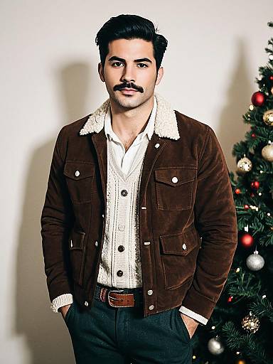 Man in Brown Shearling Jacket and Knit Cardigan Christmas Party Outfit