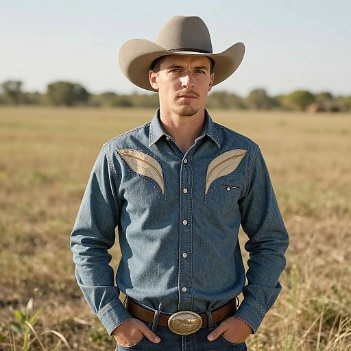 Young Man Wearing Cowboy Hat and Denim Shirt in Open Field