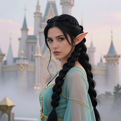 Fantasy Elf Woman with Braided Hair and Castle Background