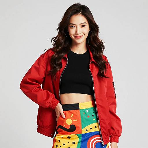 Young Woman Wearing Red Jacket and Colorful Abstract Skirt Gen Z Fashion