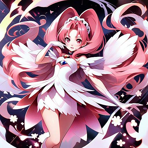 Anime Girl in Elegant White Winged Dress with Pink Hair