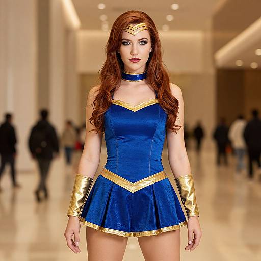 Woman in Blue and Gold Superhero Costume with Red Hair
