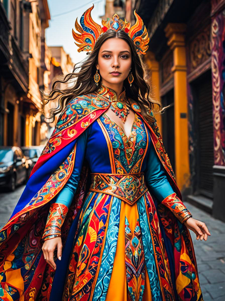 Vibrant Woman in Multi-Colored Costume