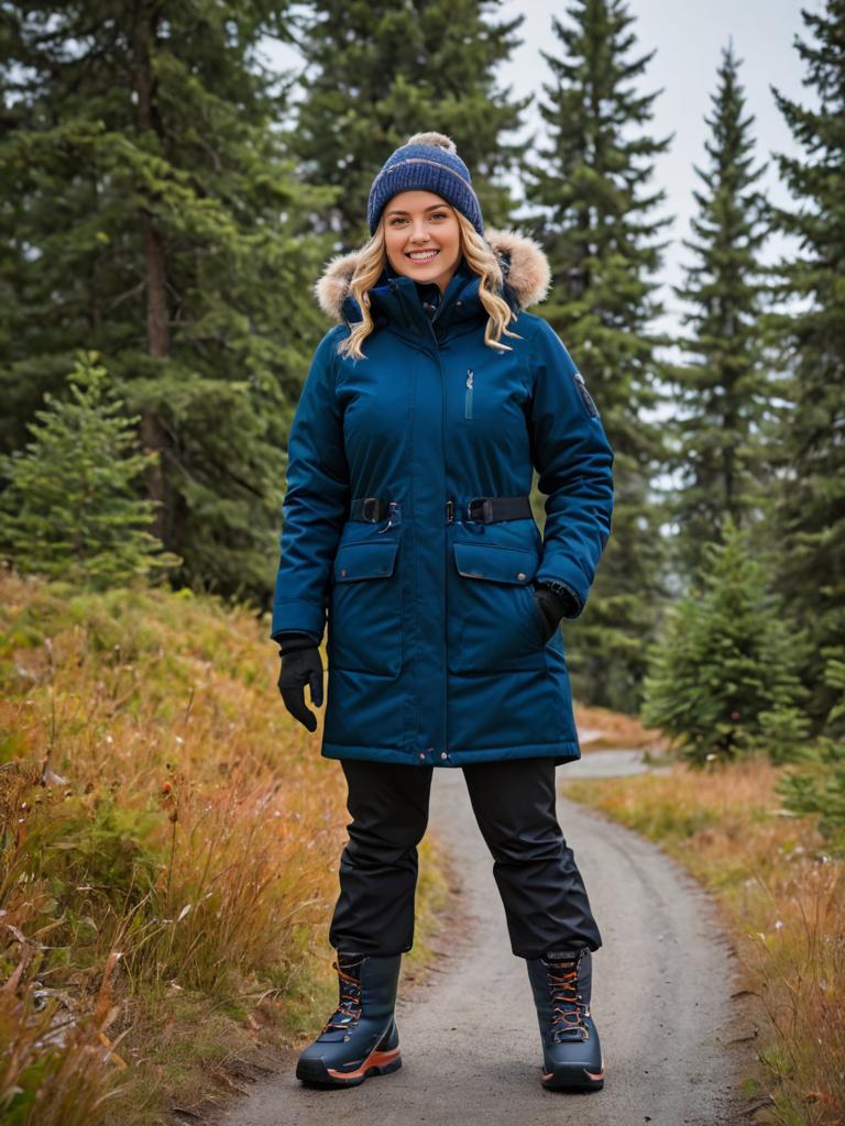 Woman in Blue Winter Coat on Forest Path