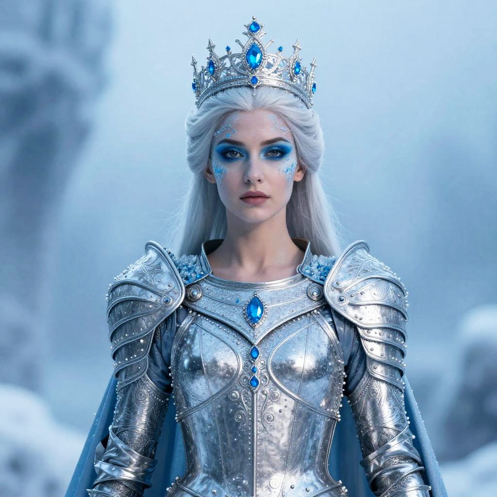 Ice Queen Woman in Silver Armor with Blue Gems
