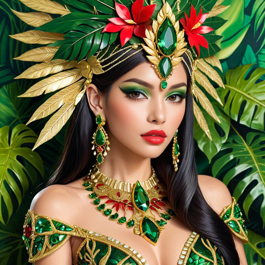 Regal Woman in Green and Gold Attire with Exotic Headdress