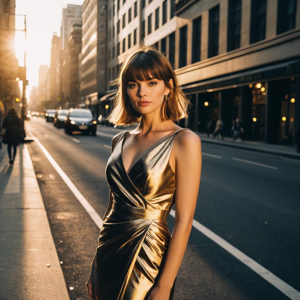 Elegant Woman in Metallic Gold Dress on City Street at Golden Hour