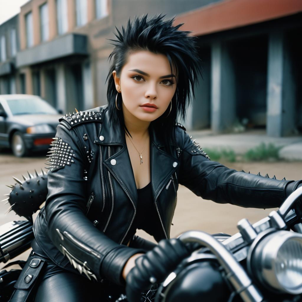 Woman on Motorcycle in Spiked Leather Jacket