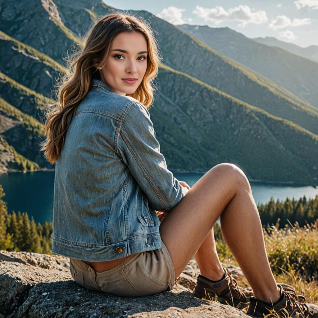 Woman in denim jacket sitting on rock in mountains