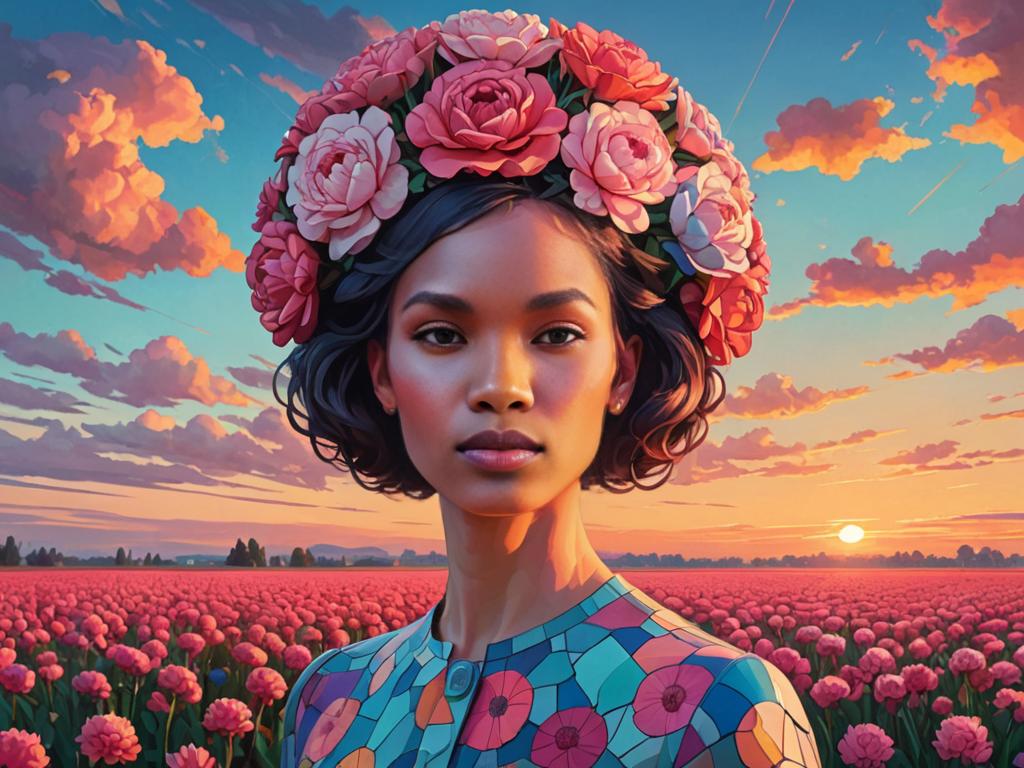 Surreal Woman with Giant Carnation Headpiece in Flower Field at Sunset