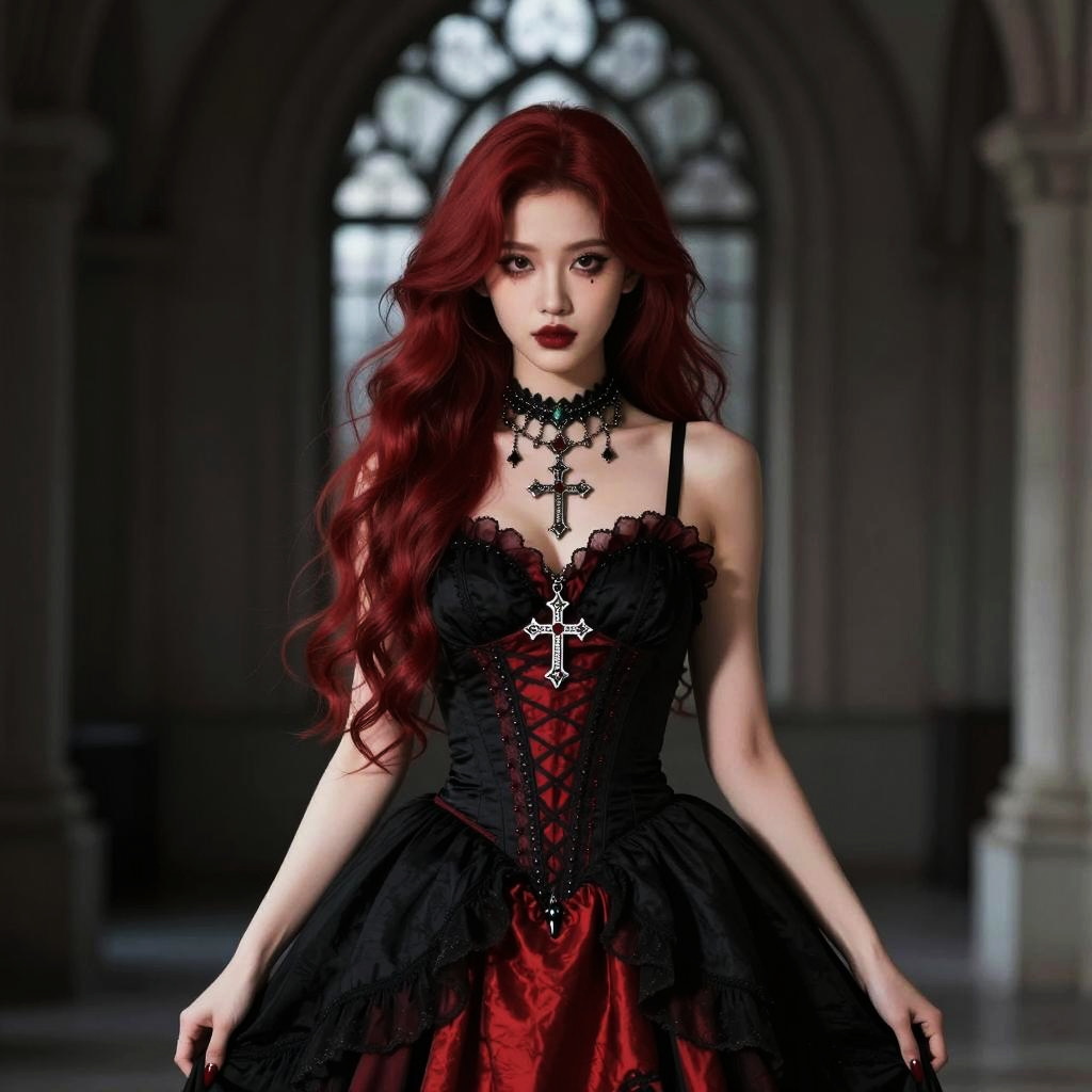 Gothic Young Woman in Victorian Style Corset Dress with Cross Necklace