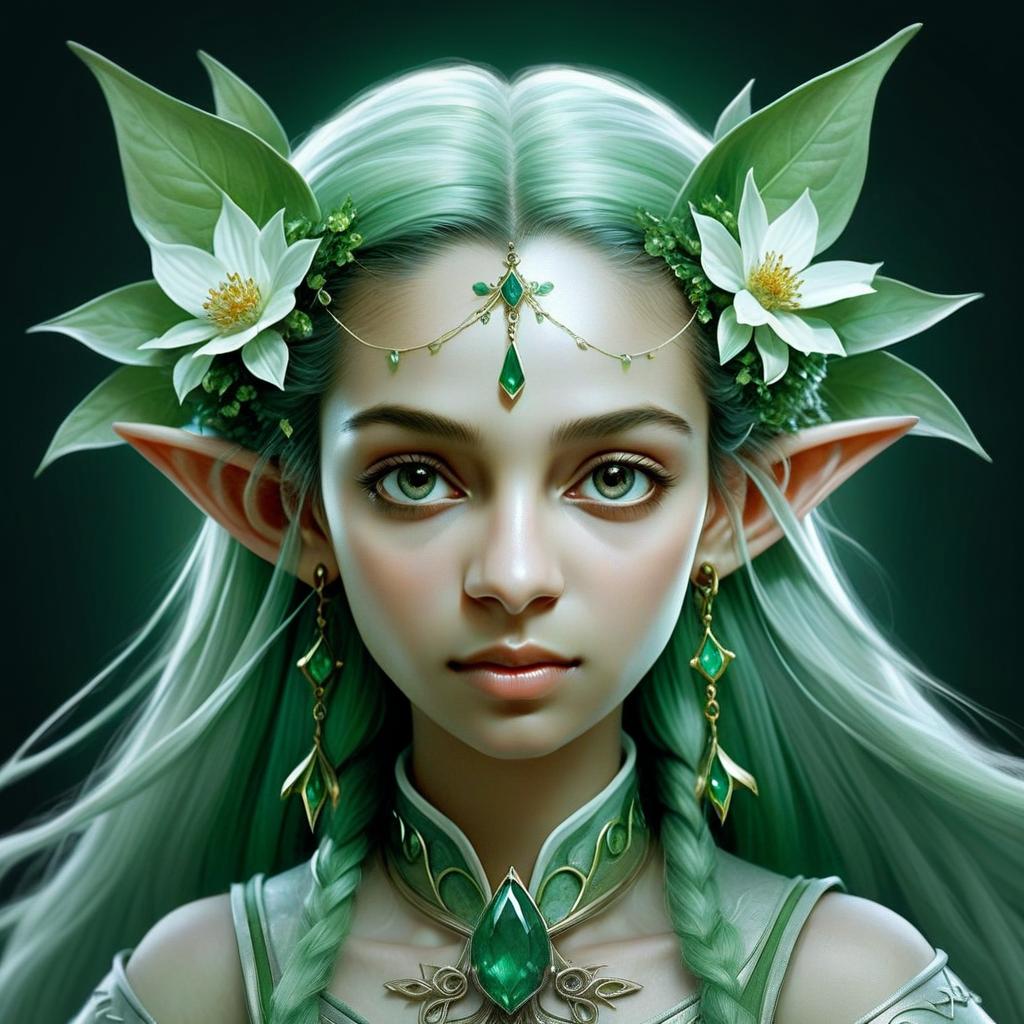 Fantasy Elven Woman Portrait with Green Eyes and Mint-Green Hair