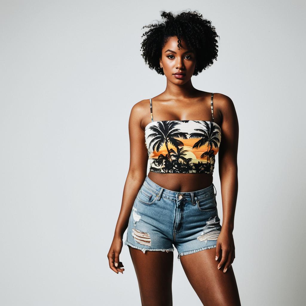 Confident Woman in Tropical Crop Top and Denim Shorts Fashion Portrait