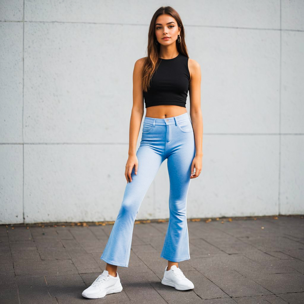 Fashionable Woman in Black Crop Top and Flared Jeans