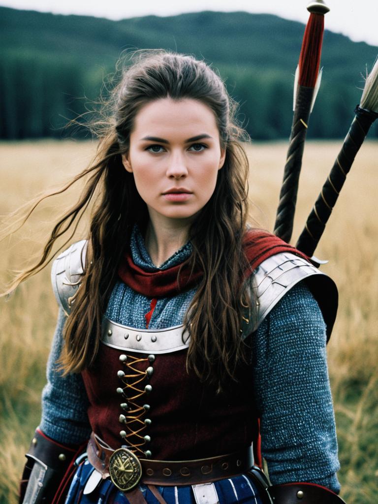 Woman in Braveheart Inspired Warrior Costume Cosplay Photorealistic