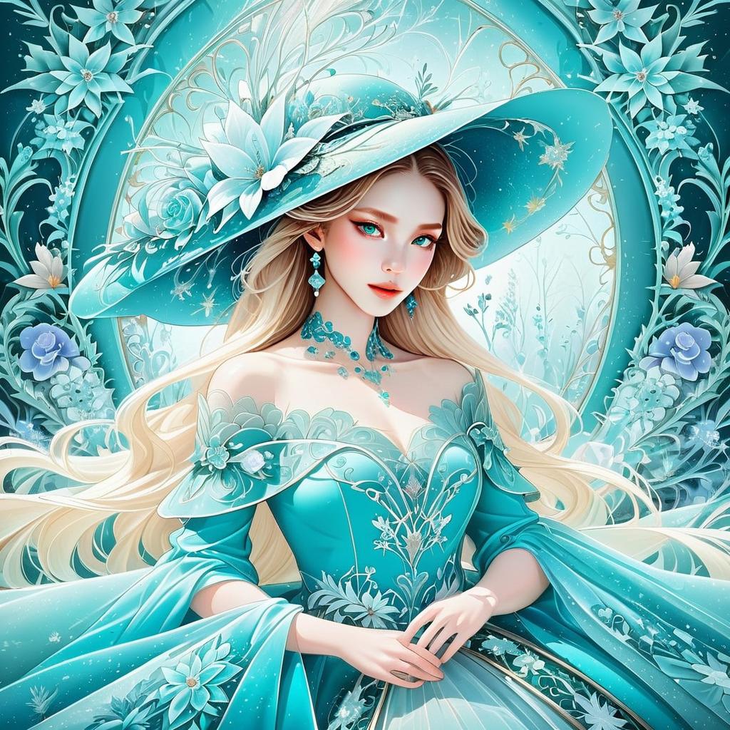 Elegant Woman in Turquoise Gown with Floral Hat