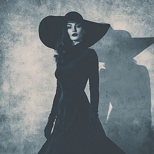 Elegant Woman in Black Gown with Wide-Brimmed Hat