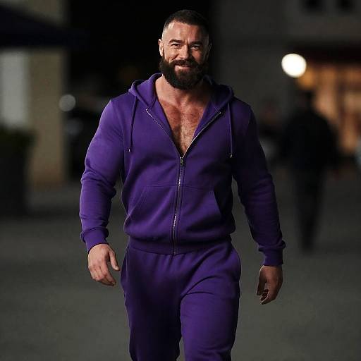 Muscular Man Wearing Purple Tracksuit Walking Outside at Night