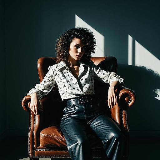 Confident Woman in Leather Pants Sitting on Brown Armchair in Dramatic Light