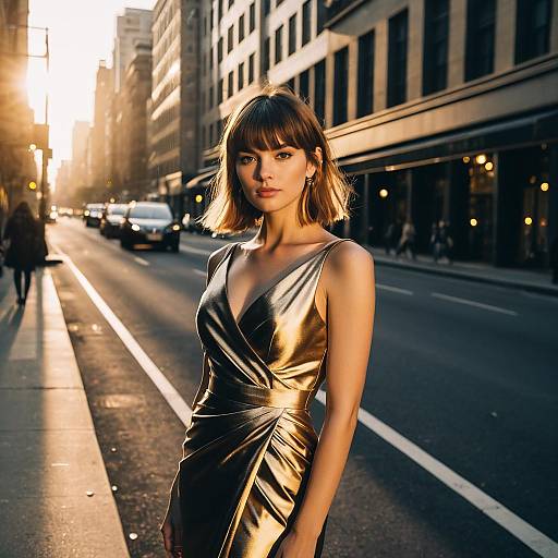 Elegant Woman in Metallic Gold Dress on City Street at Golden Hour