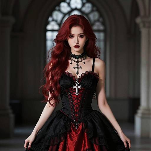 Gothic Young Woman in Victorian Style Corset Dress with Cross Necklace