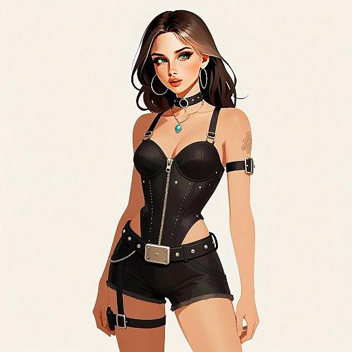 Stylish Young Woman in Black Corset and Shorts Digital Illustration