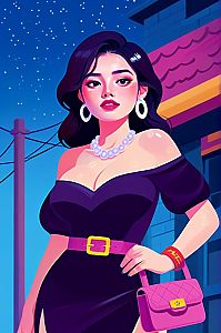 Stylish Woman in Black Dress with Purple Handbag Night Digital Illustration