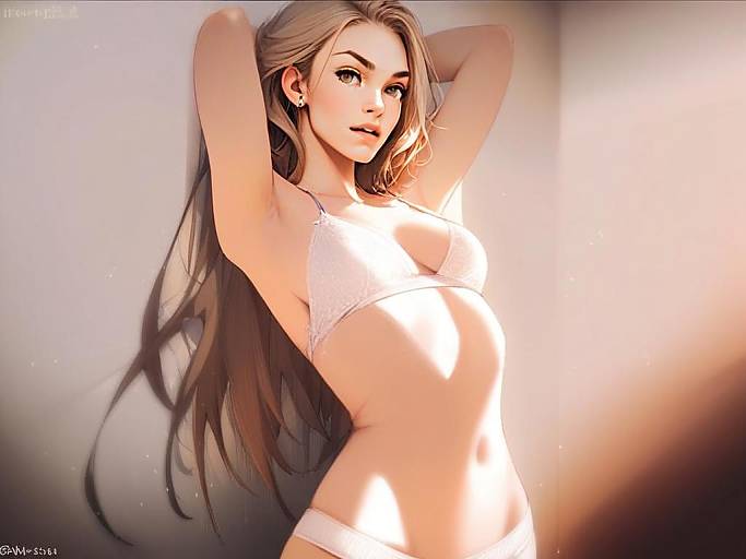 Stylized Anime Woman in White Lingerie Digital Artwork