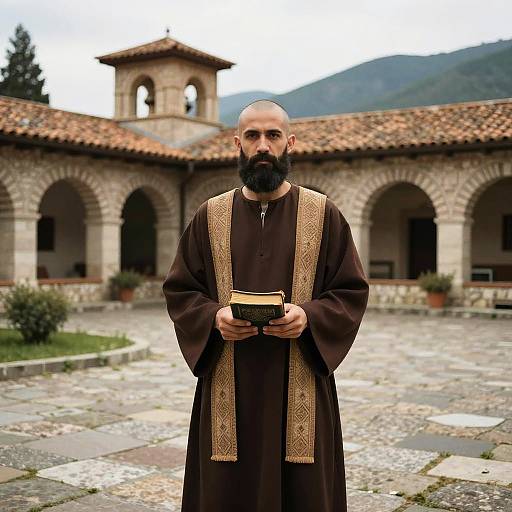 Bearded Man in Traditional Religious Robes Holding Book in Historic Courtyard