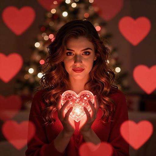 Romantic Woman Holding Glowing Heart Light with Bokeh Hearts Background