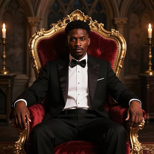 Man in Classic Black Tuxedo Sitting on Ornate Throne