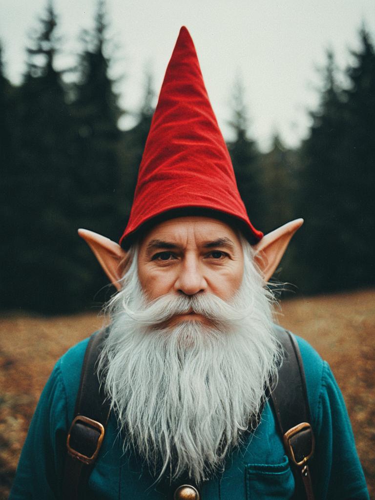 Photorealistic Editorial Photo of Man in Gnome Costume with Red Hat and White Beard
