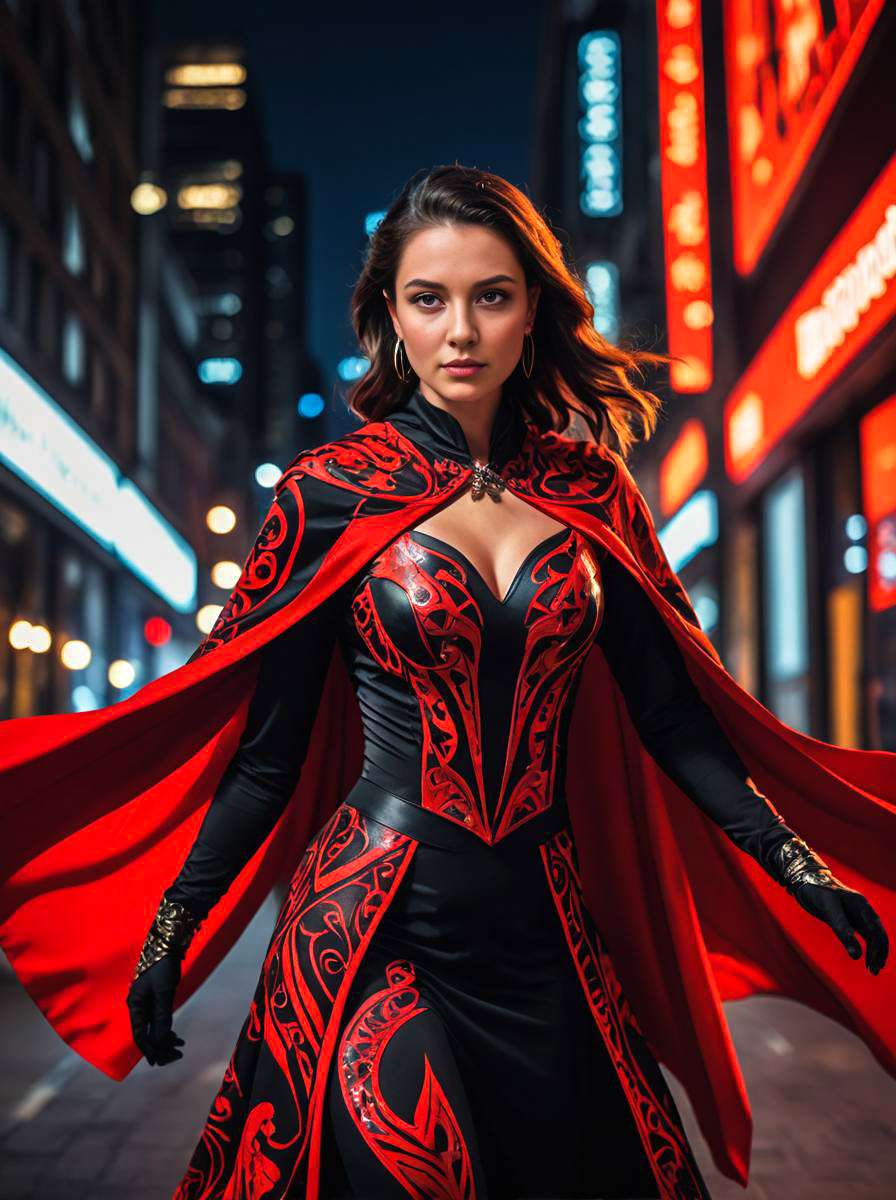 Woman in Red and Black Costume with Neon Lights