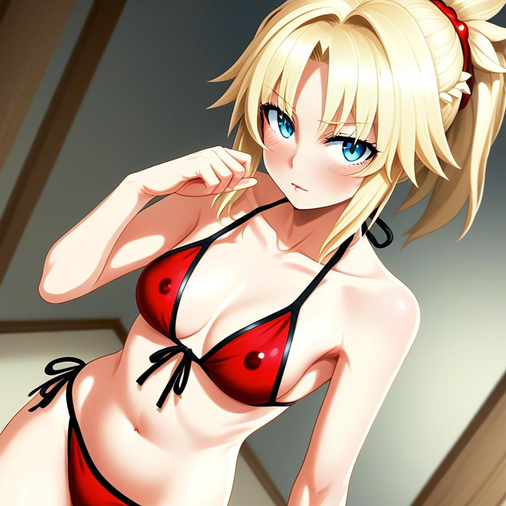 Anime Blonde Woman in Red Bikini Swimsuit Illustration