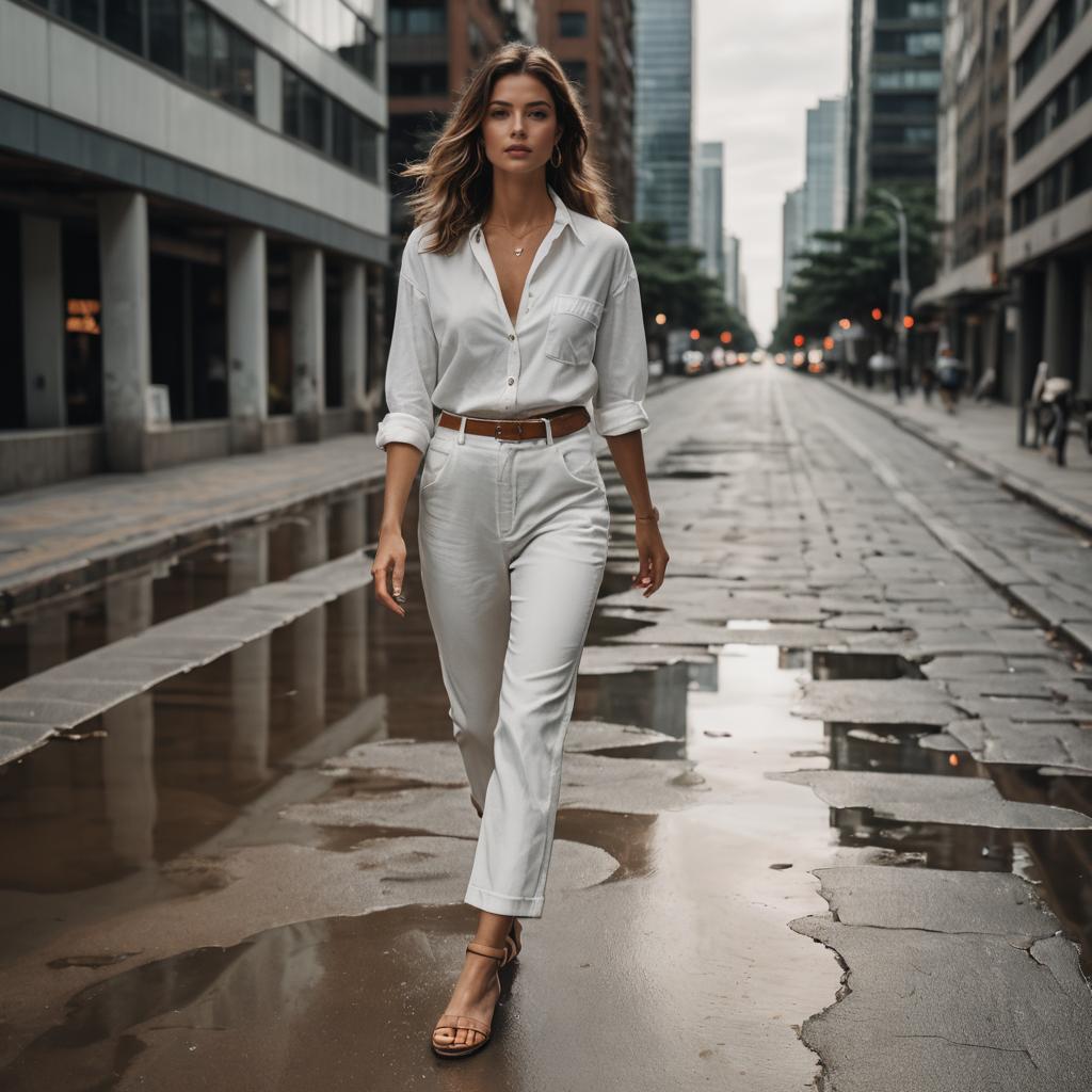 Confident Woman Walking in Stylish White Outfit on Urban Street