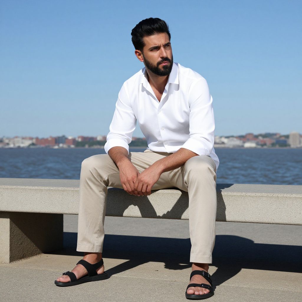 Man in White Shirt and Beige Pants Sitting by Waterfront