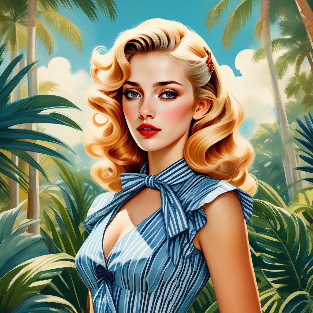 Vintage Woman in Striped Blue Dress with Tropical Background