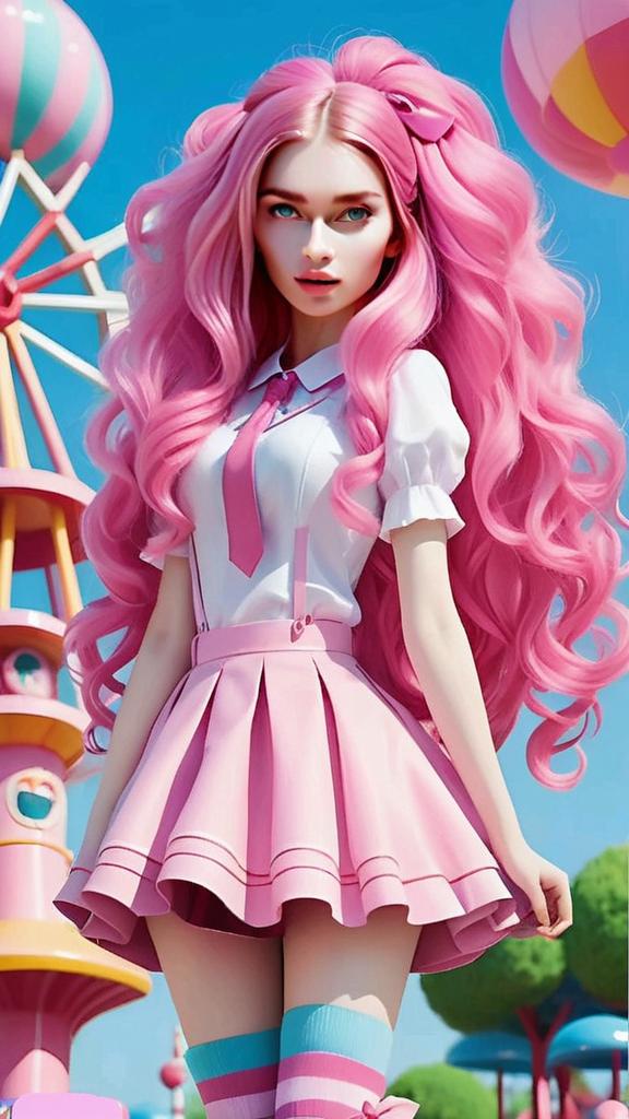 Young Woman with Pastel Pink Hair in Amusement Park