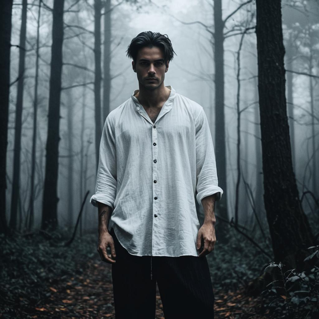 Confident Man in Misty Forest