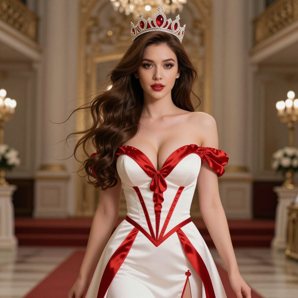 Elegant Woman in Red and White Satin Gown with Crown in Palace