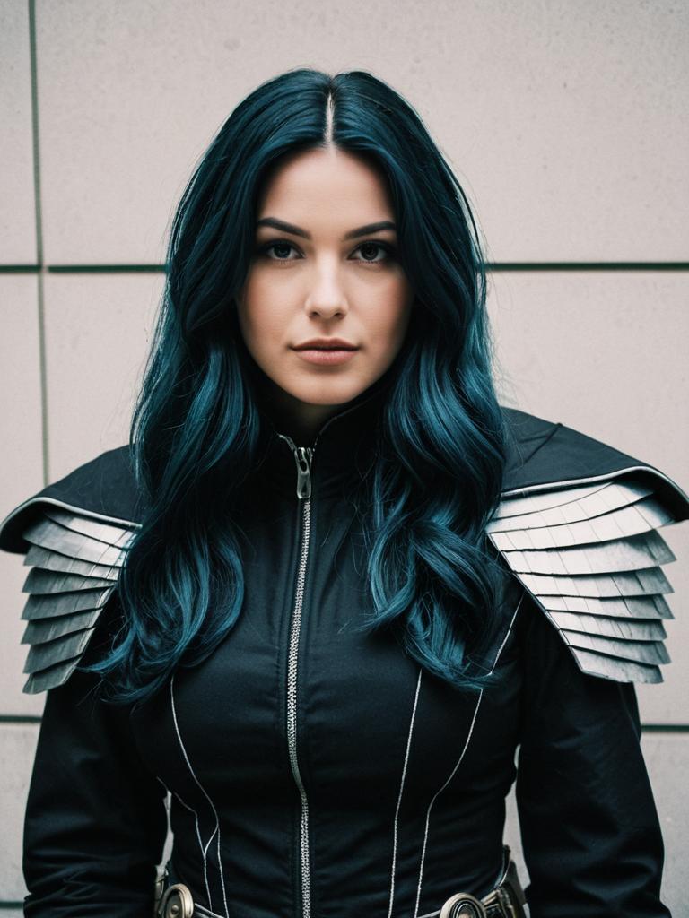 Realistic Amy Sorel Cosplay Woman in Dark Blue Hair Costume