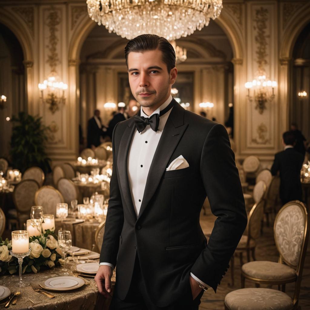 Sophisticated Man in Tuxedo in Elegant Dining Room