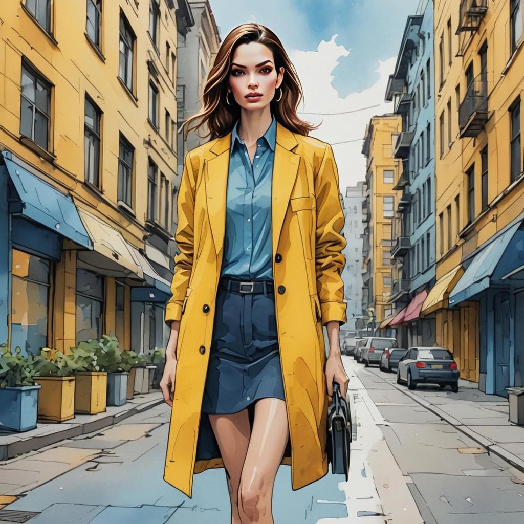 Stylish Woman in Mustard Coat on City Street