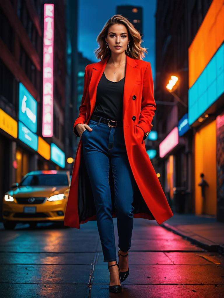 Stylish Woman in Red Coat on Vibrant Night Street