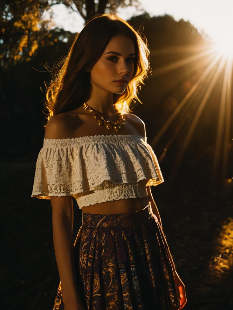 Woman in Bohemian Off-Shoulder Cropped Ivory Lace Top with Ruffle Detail