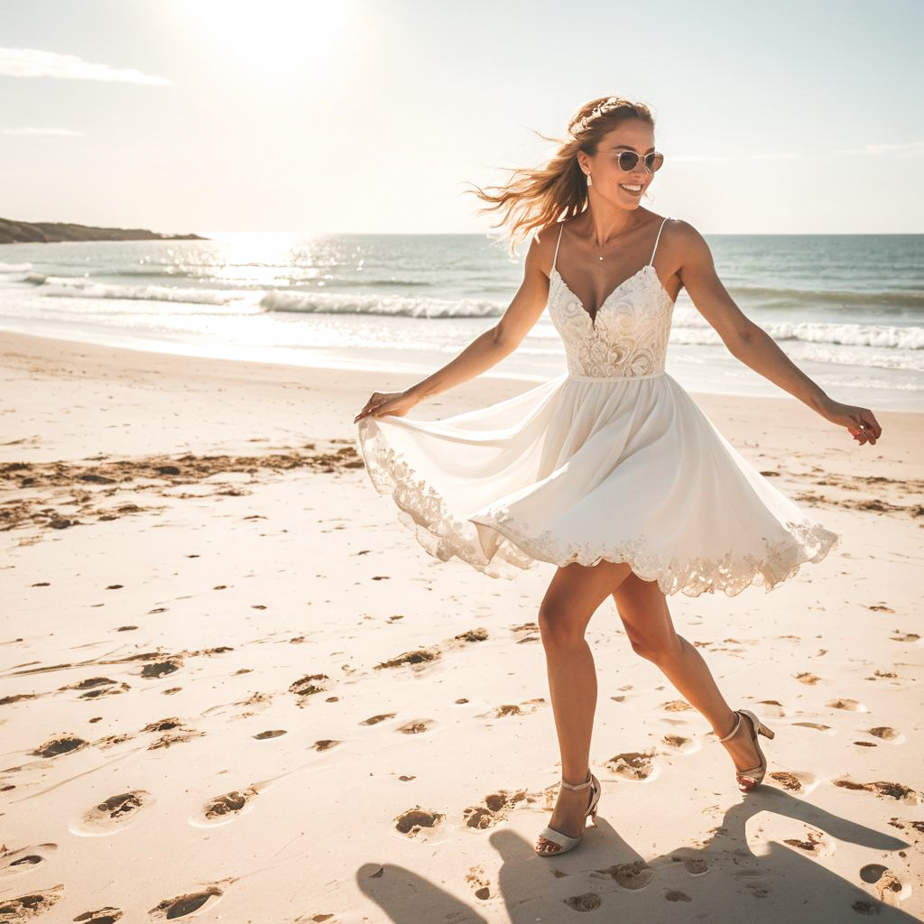 Joyful woman twirls on beach in white dress