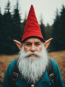 Photorealistic Editorial Photo of Man in Gnome Costume with Red Hat and White Beard